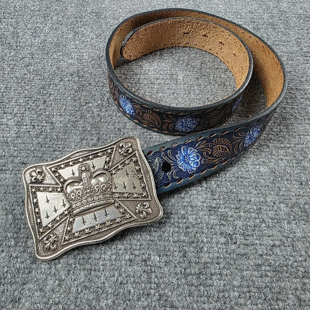 Vintage Tooled Leather Belt Sz 30 Blue Floral Western Saddle Leather Cowboy‎ USA